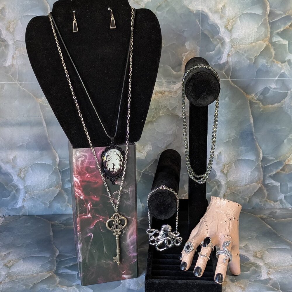 Fashion Jewelry Set: 3 Necklaces, a Bracelet, Ear Cuff, Earrings and 4 Rings